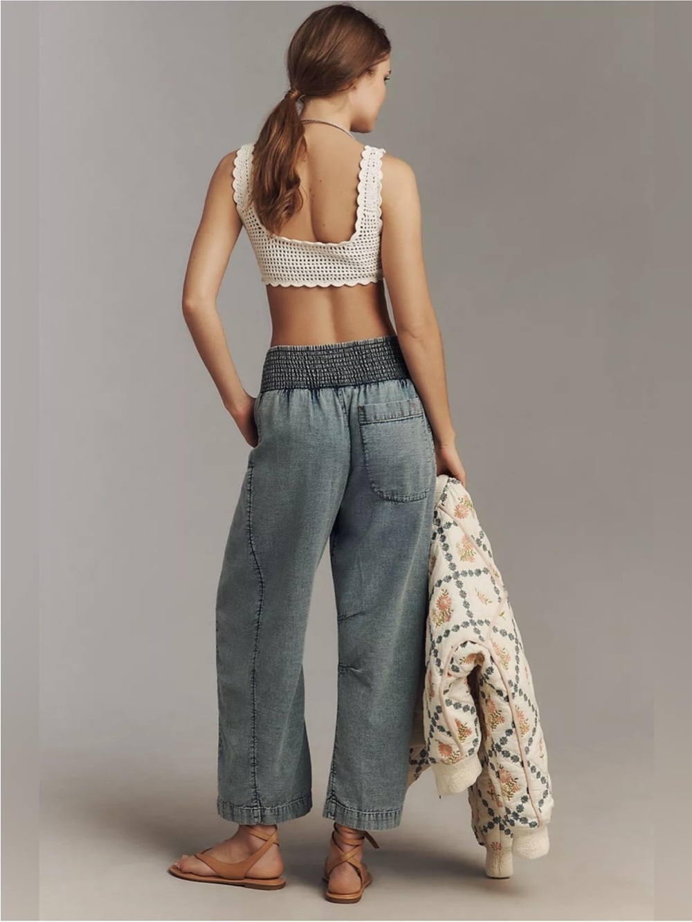 Pilcro Washed Denim Wide-Leg Smocked-Waist Pants in Faded Blue-Grey New w/Tags - Picture 3 of 4